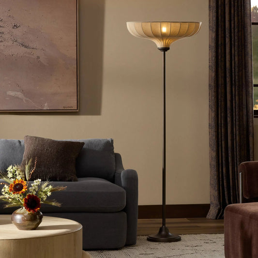 Winslet Floor Lamp by Four Hands in light oil rubbed bronze, black fabric cord. Made from iron, thermoplastic in a traditional style.