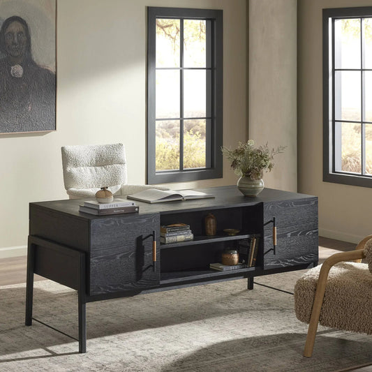 Rosedale Executive Desk by Four Hands. Made from oak veneer, top grain leather, solid oak in a unique style.