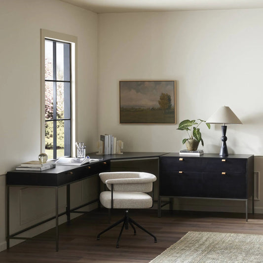 Trey Wide Filing Cabinet Desk System by Four Hands in black wash poplar, toffee leather. Made from solid poplar, top grain leather in a modern style.