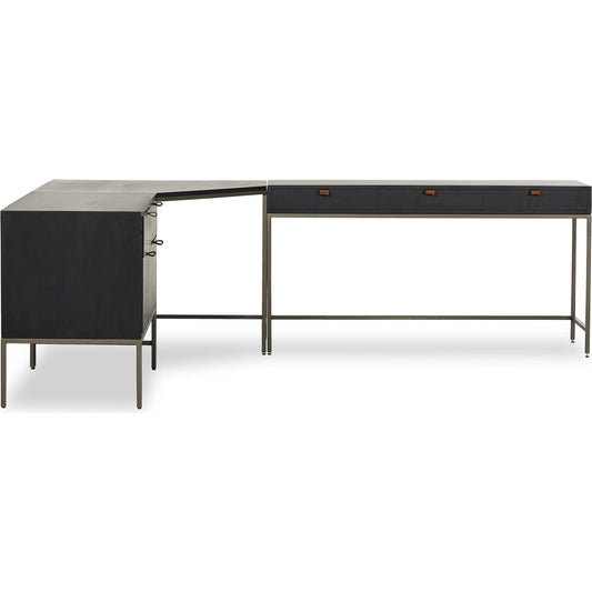 001 SI-2320306 | Primary Silo | Trey Wide Filing Cabinet Desk System by Four Hands in black wash poplar, toffee leather. Made from solid poplar, top grain leather in a modern style.