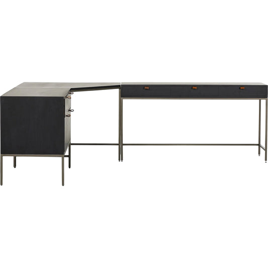 000 SI-2320306 | Primary Silo | Trey Wide Filing Cabinet Desk System by Four Hands in black wash poplar, toffee leather. Made from solid poplar, top grain leather in a modern style.