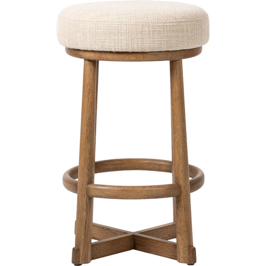 Staria Swivel Stool by Four Hands in saxon sand, warm oak. Made from 58% polyester, 39% wool, 3% cotton, solid oak in a transitional style.