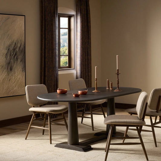 Chamberlain Dining Table by Four Hands in espresso oak veneer. Made from oak veneer, solid oak in a unique style.