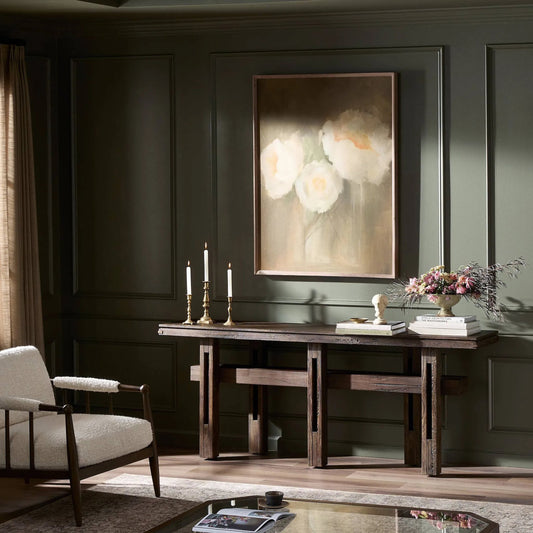 Contessa Console Table by Four Hands in smoked alder, smoked alder solid. Made from resawn alder veneer, solid alder in a traditional style.