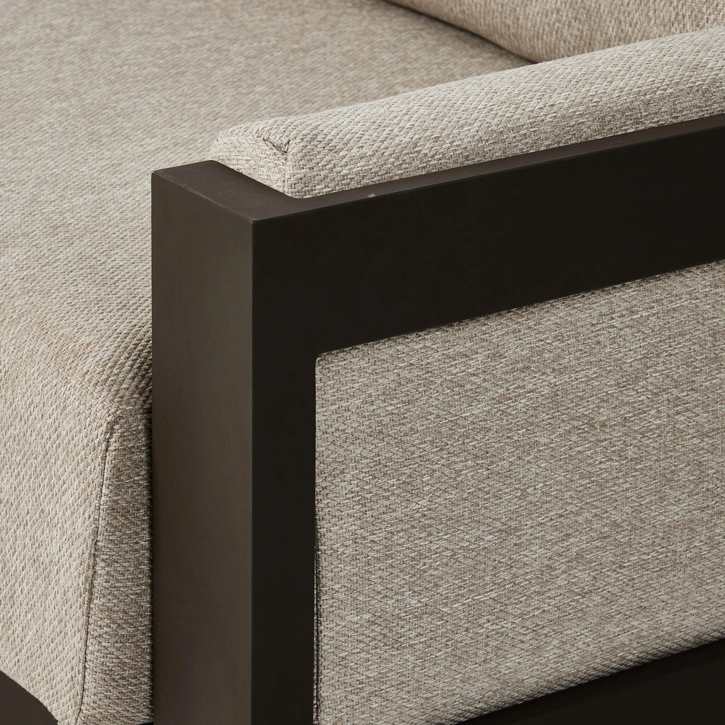 007 SI-2320015 | Closeup | Chapman Outdoor Metal Sofa-106" by Four Hands in concha fog, bronze. Made from 100% olefin, aluminum in a transitional style.