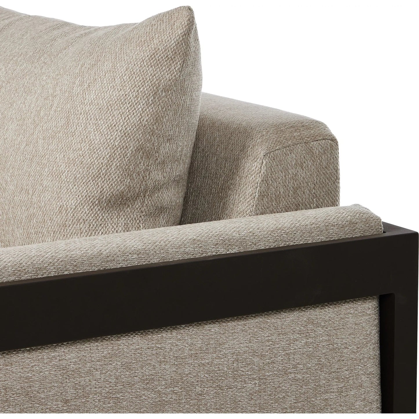 009 SI-2320015 | Closeup | Chapman Outdoor Metal Sofa-106" by Four Hands in concha fog, bronze. Made from 100% olefin, aluminum in a transitional style.
