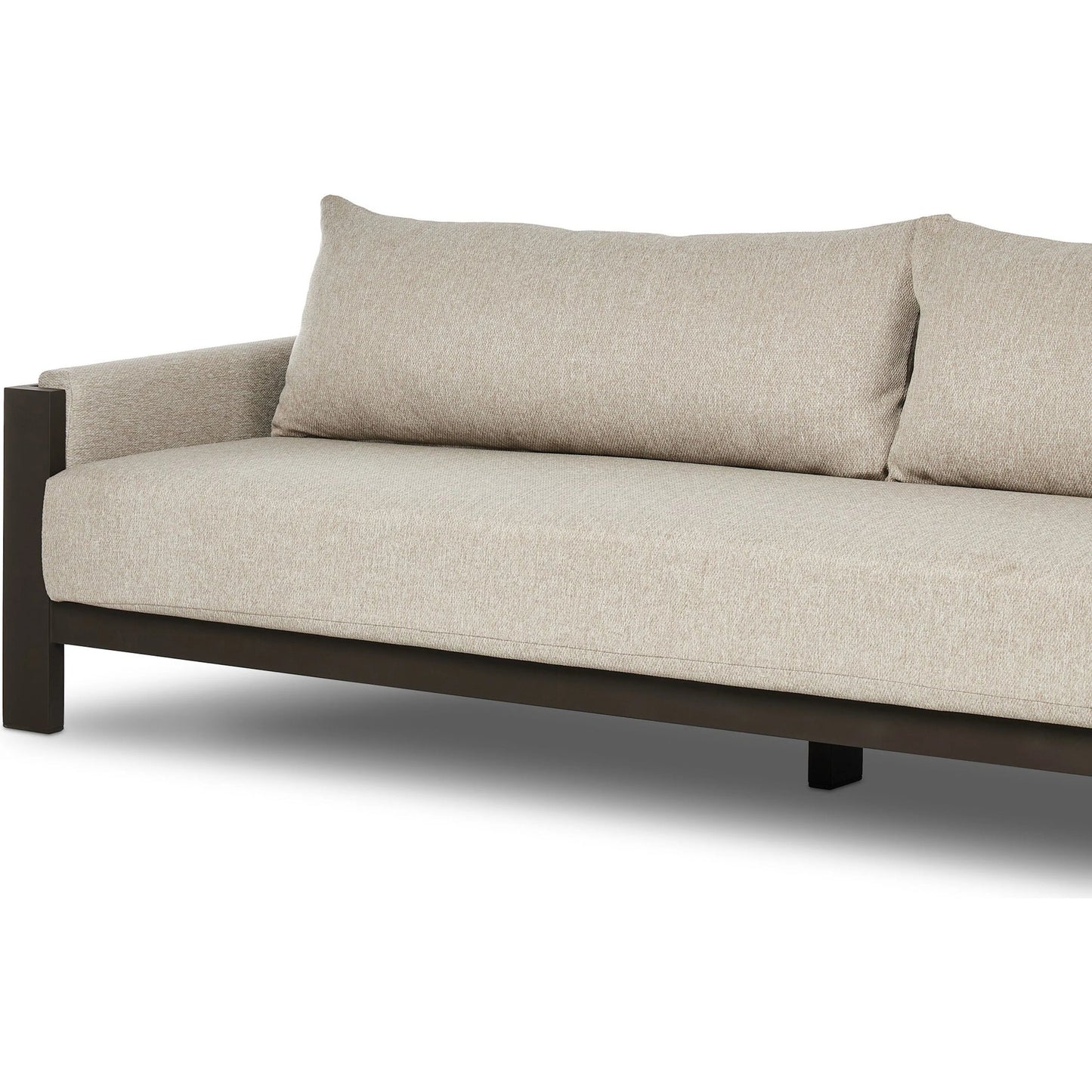 010 SI-2320015 | Closeup | Chapman Outdoor Metal Sofa-106" by Four Hands in concha fog, bronze. Made from 100% olefin, aluminum in a transitional style.