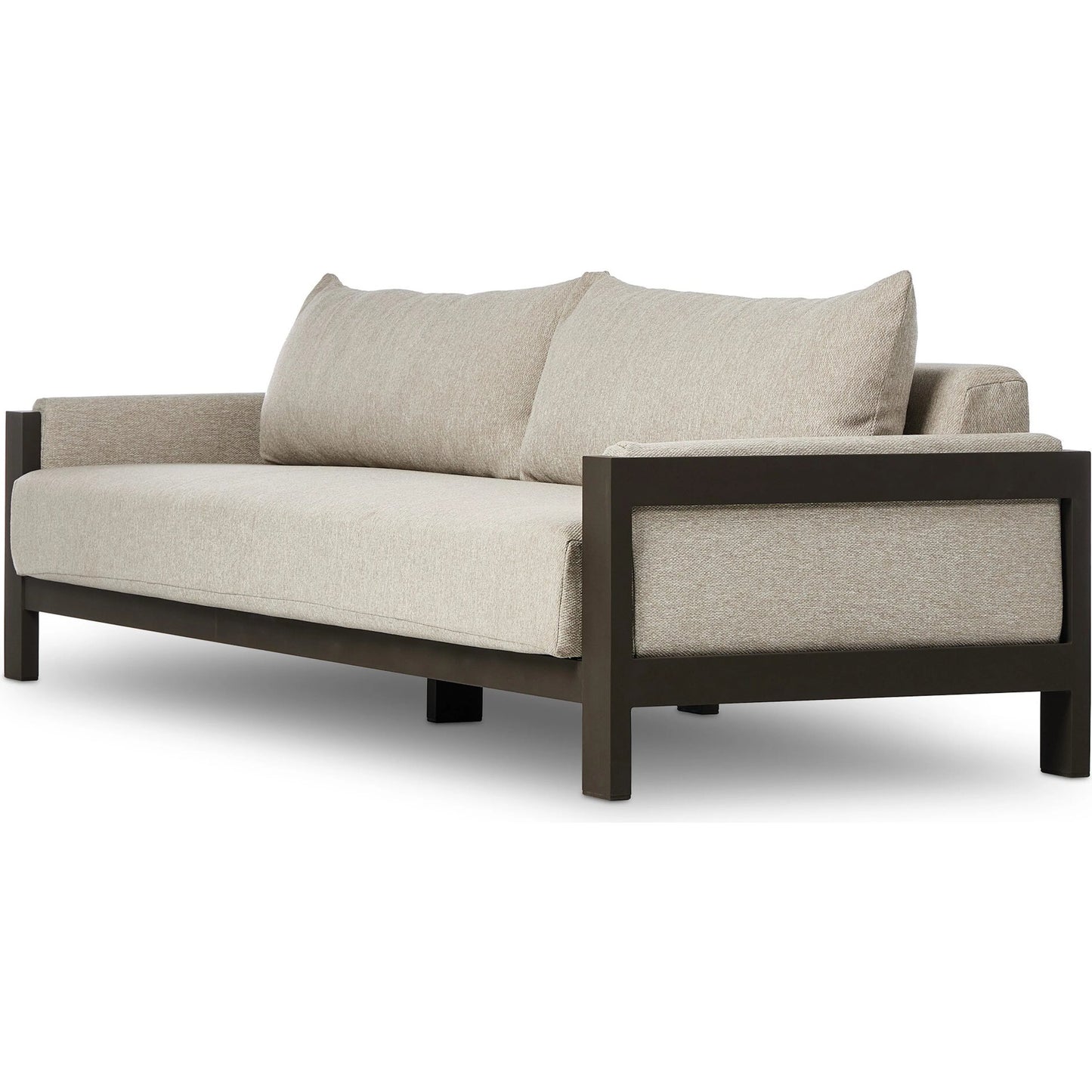 011 SI-2320015 | Closeup | Chapman Outdoor Metal Sofa-106" by Four Hands in concha fog, bronze. Made from 100% olefin, aluminum in a transitional style.