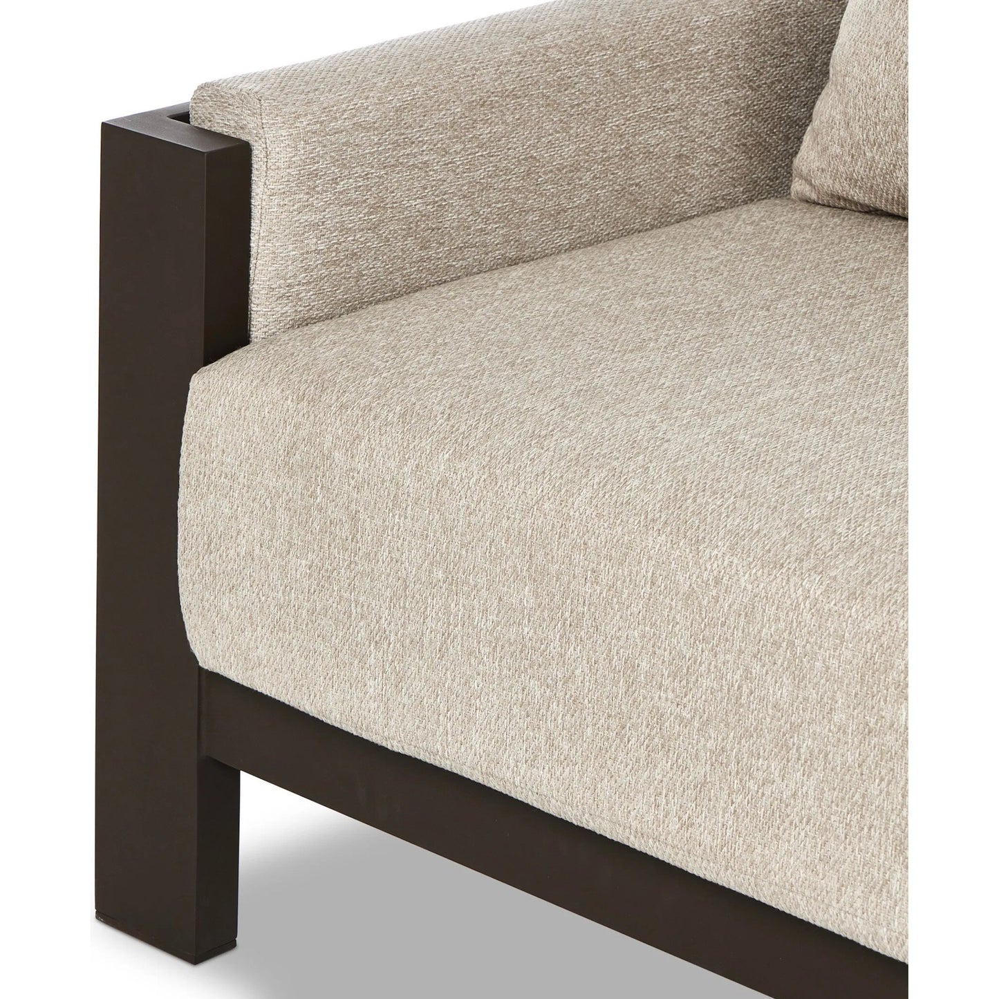 012 SI-2320015 | Closeup | Chapman Outdoor Metal Sofa-106" by Four Hands in concha fog, bronze. Made from 100% olefin, aluminum in a transitional style.