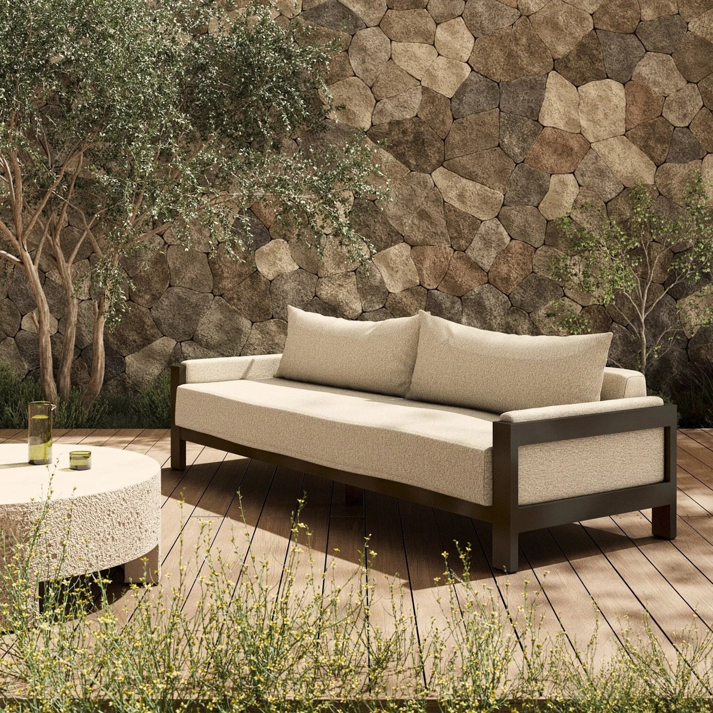 014 SI-2320015 | Lifestyle | Chapman Outdoor Metal Sofa-106" by Four Hands in concha fog, bronze. Made from 100% olefin, aluminum in a transitional style.