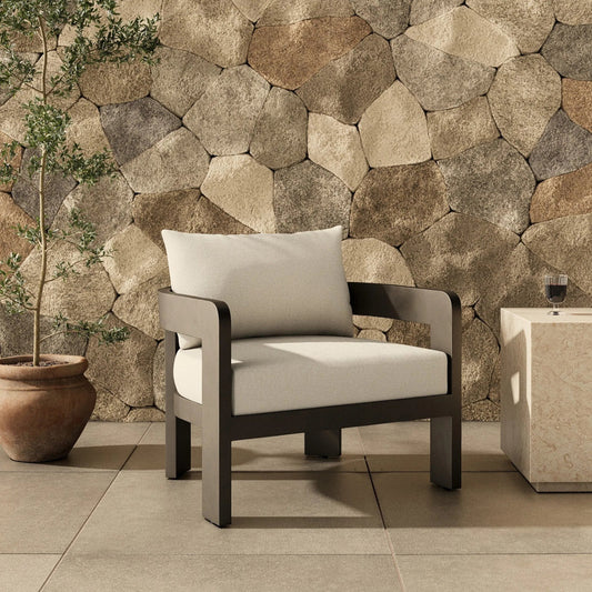 Jackson Outdoor Metal Chair by Four Hands in alessi linen, bronze. Made from 100% polypropylene, aluminum, 91% polyurethane foam pad, 9% polyester fiber batting in a modern style.