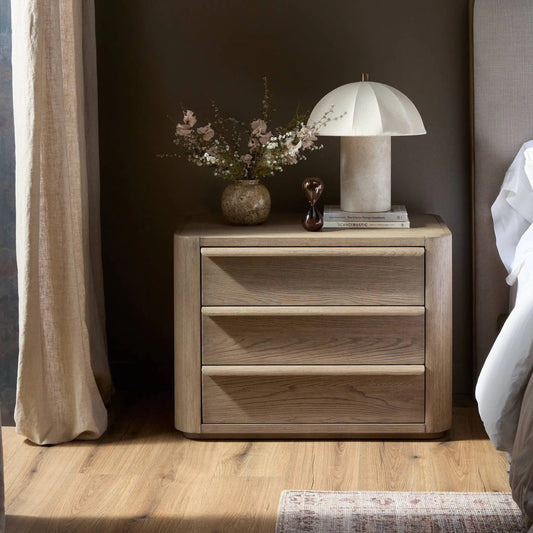 Primrose Nightstand by Four Hands in natural flat oak veneer, natural flat rubberwood. Made from oak veneer, solid parawood in a transitional style.
