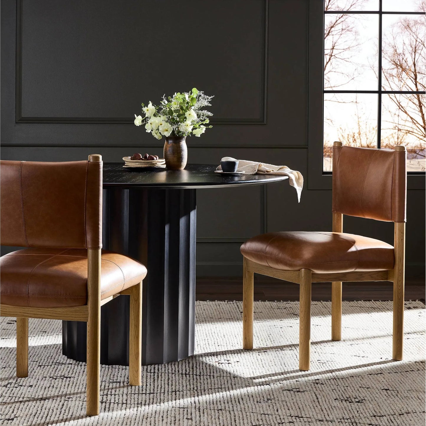 013 SI-2327536 | Lifestyle | Adaline Dining Chair by Four Hands in sonoma chestnut, natural oak. Made from top grain leather, solid oak in a transitional style.