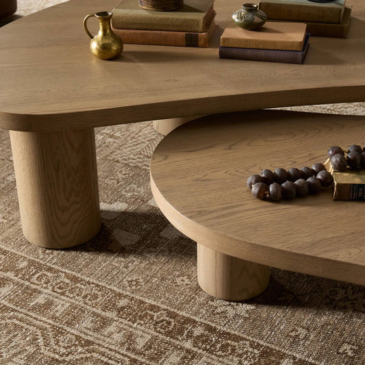 Joji Nesting Coffee Tables by Four Hands in natural oak veneer, natural oak solid, natural maple plywood. Made from thick oak veneer, solid oak, light maple veneer in a transitional style.