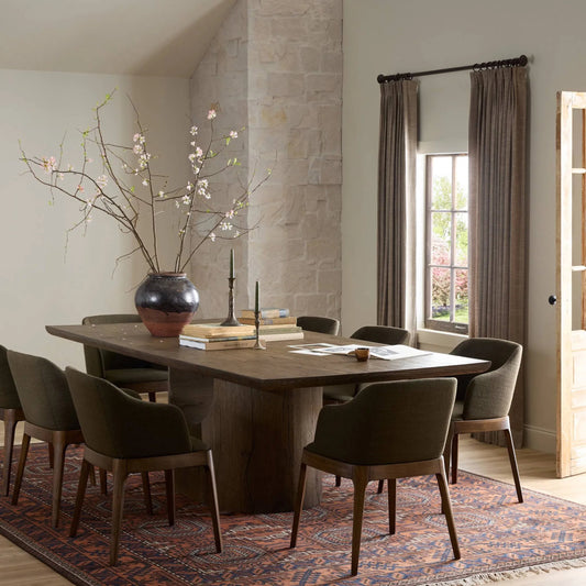 Bevie Dining Table by Four Hands in brown oak veneer. Made from thick oak veneer, solid oak in a transitional style.