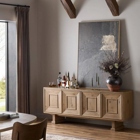 Adela Sideboard by Four Hands in drifted oak veneer. Made from thick oak veneer, solid oak in a transitional style.