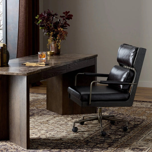Ludvig Desk Chair by Four Hands in sonoma black, gris gunmetal. Made from top grain leather, iron in a traditional style.
