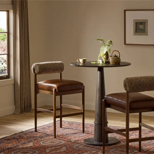 Jazelle Bar Stool by Four Hands in havana brown, tan ash, taupe shearling. Made from top grain leather, solid ash, shearling in a traditional style.