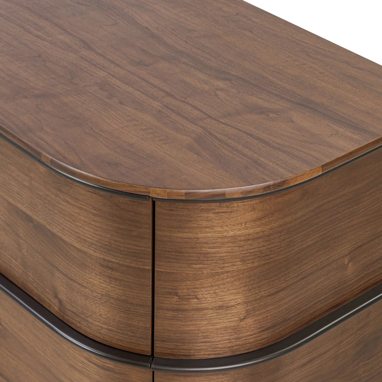 009 SI-2446652 | Closeup | Theo 6 Drawer Dresser by Four Hands in dark brown walnut, dark brown walnut veneer. Made from solid walnut, walnut veneer in a unique style.
