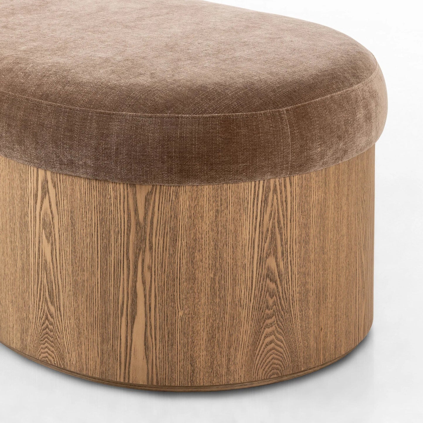 006 SI-2327546 | Closeup | Celeste Accent Bench by Four Hands in altair mushroom, toasted ash thick veneer. Made from 100% polyester, thick ash veneer in a unique style.