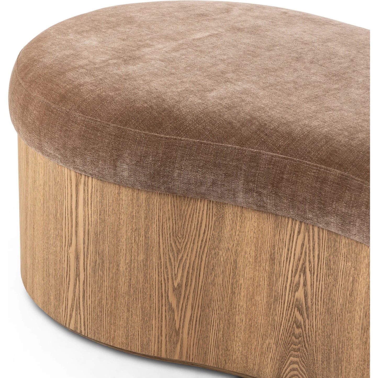 008 SI-2327546 | Closeup | Celeste Accent Bench by Four Hands in altair mushroom, toasted ash thick veneer. Made from 100% polyester, thick ash veneer in a unique style.
