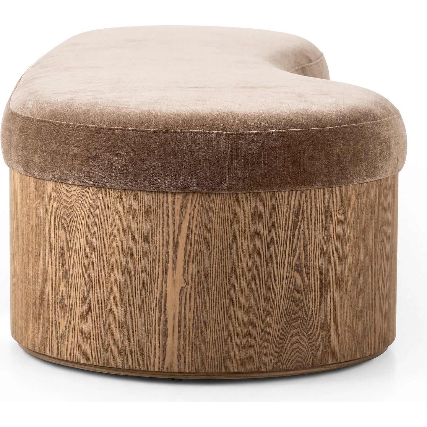 010 SI-2327546 | Closeup | Celeste Accent Bench by Four Hands in altair mushroom, toasted ash thick veneer. Made from 100% polyester, thick ash veneer in a unique style.