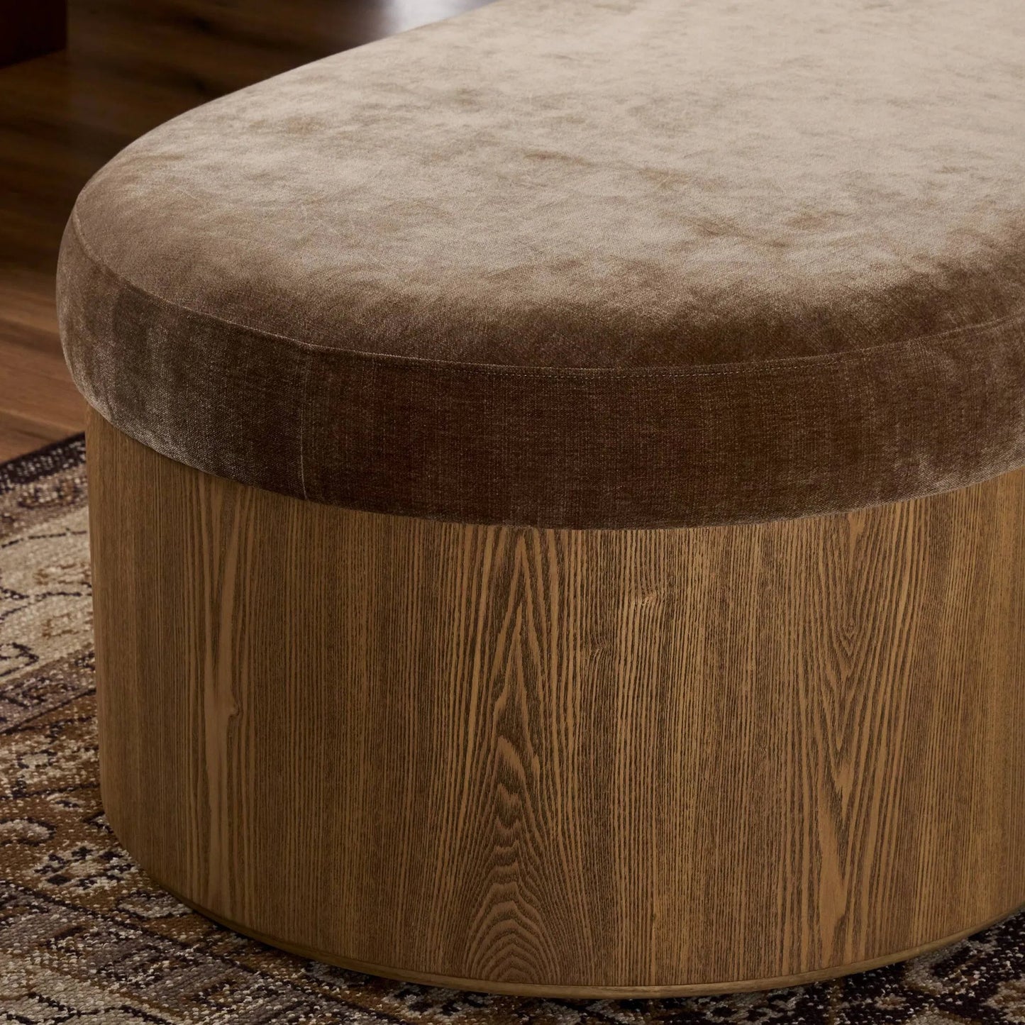 011 SI-2327546 | Closeup | Celeste Accent Bench by Four Hands in altair mushroom, toasted ash thick veneer. Made from 100% polyester, thick ash veneer in a unique style.