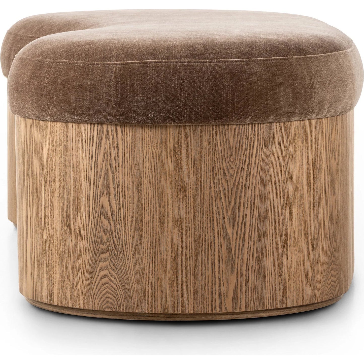 004 SI-2327546 | Closeup | Celeste Accent Bench by Four Hands in altair mushroom, toasted ash thick veneer. Made from 100% polyester, thick ash veneer in a unique style.