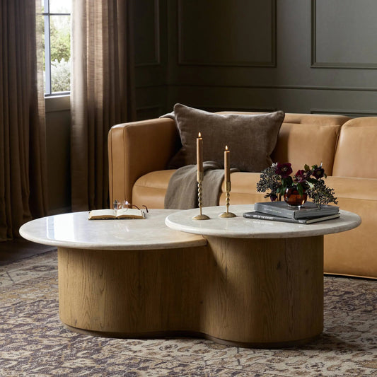 Toro Coffee Table by Four Hands in cappuccino marble, rubbed light oak, rubbed light oak veneer. Made from solid marble, solid oak, thick oak veneer in a unique style.
