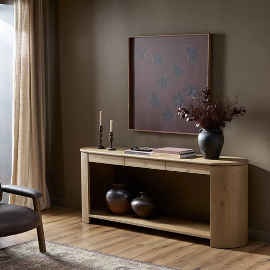 Farrow Console Table by Four Hands in drifted oak veneer. Made from thick oak veneer in a transitional style.