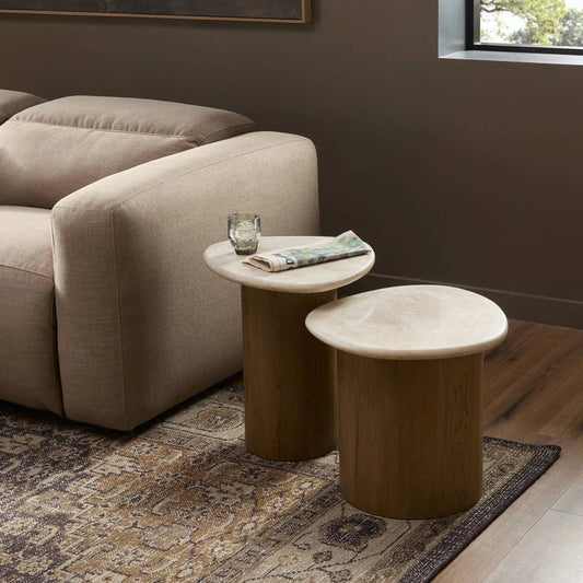 Kovo Nesting End Tables by Four Hands in cappuccino marble, rubbed light oak veneer. Made from solid marble, thick oak veneer in a transitional style.