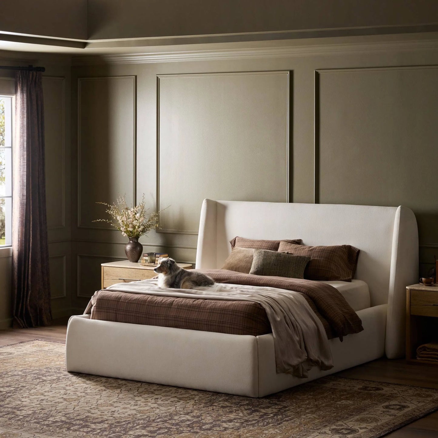 014 SI-2446580,SI-2446581 | Lifestyle | Hexley Bed by Four Hands in crypton nomad marshmallow. Made from 92% polyester, 8% flax/linen in a transitional style.