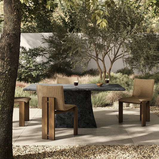 Bala Outdoor Dining Table by Four Hands in aged grey. Made from aluminum in a transitional style.