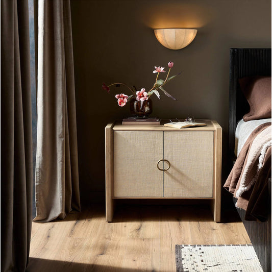 Kiran Nightstand by Four Hands in sandy oak veneer, light antique brass. Made from oak veneer, steel in a transitional style.
