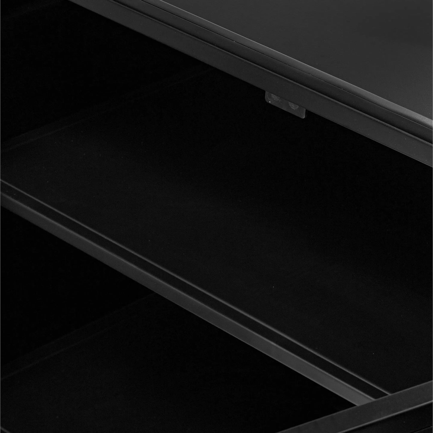 010 SI-2377036 | Closeup | Breya Media Console by Four Hands in black, tempered glass. Made from iron, tempered glass in a unique style.