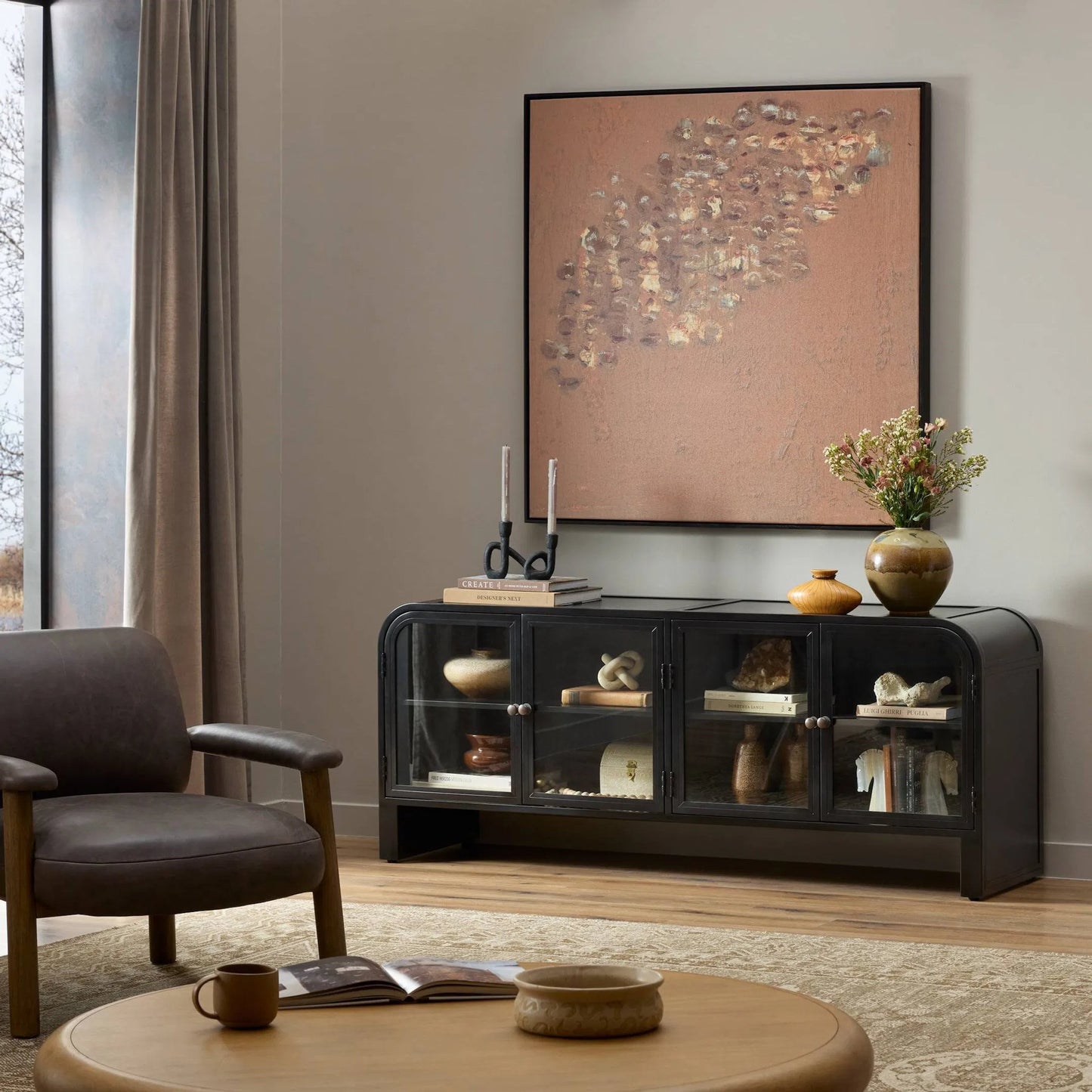 012 SI-2377036 | Lifestyle | Breya Media Console by Four Hands in black, tempered glass. Made from iron, tempered glass in a unique style.