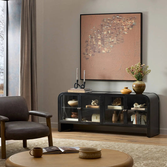 Breya Media Console by Four Hands in black, tempered glass. Made from iron, tempered glass in a modern style.