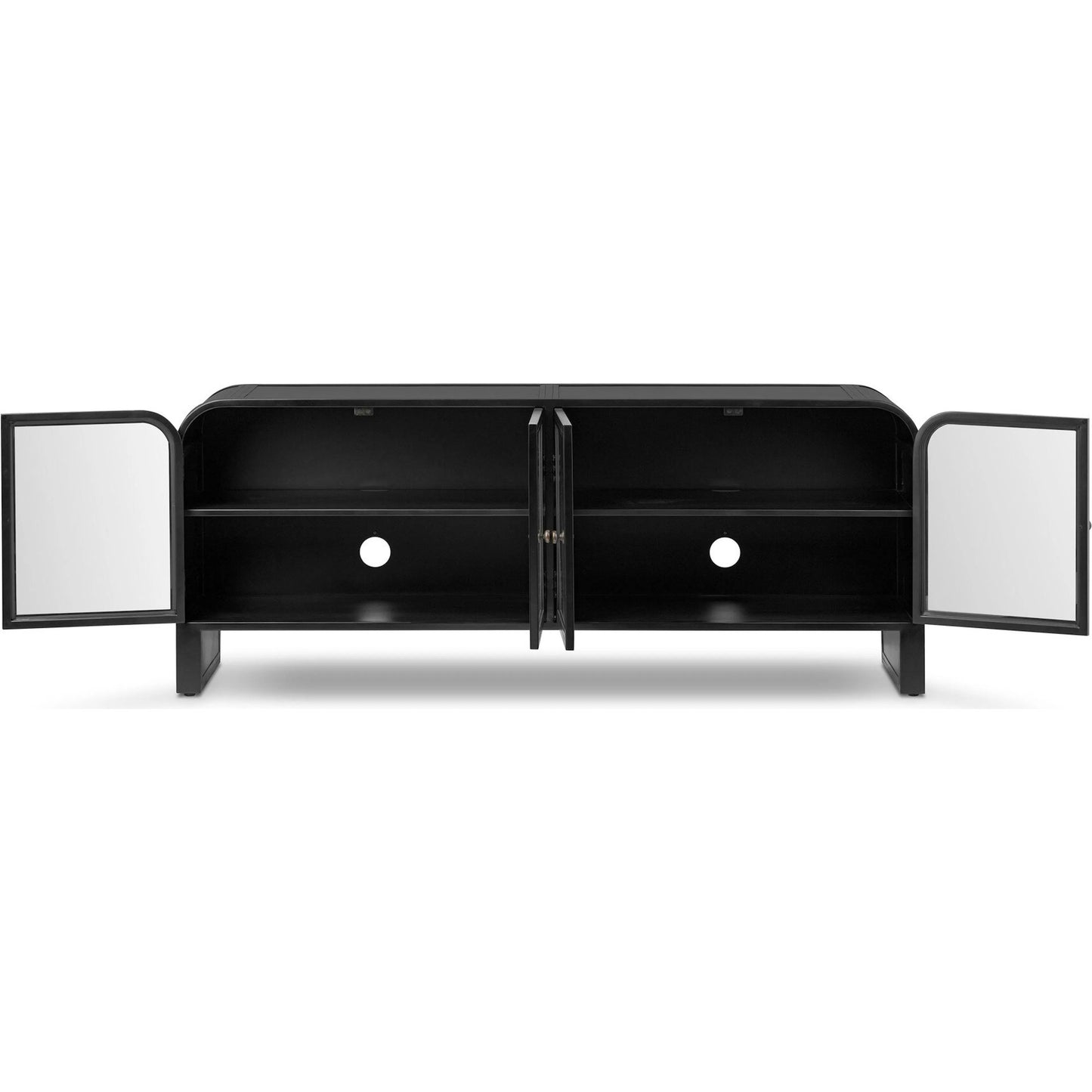 009 SI-2377036 | Closeup | Breya Media Console by Four Hands in black, tempered glass. Made from iron, tempered glass in a unique style.