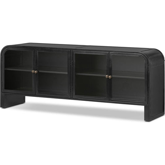 Breya Media Console by Four Hands in black, tempered glass. Made from iron, tempered glass in a modern style.