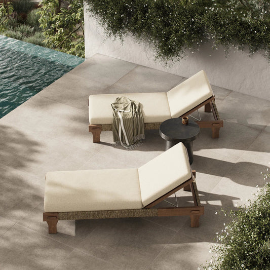 Moxie Outdoor Chaise by Four Hands in ellor beige, stained toasted brown-fsc, dark textured woven. Made from 100% olefin, solid fsc®-certified teak, 100% polyethylene in a transitional style.