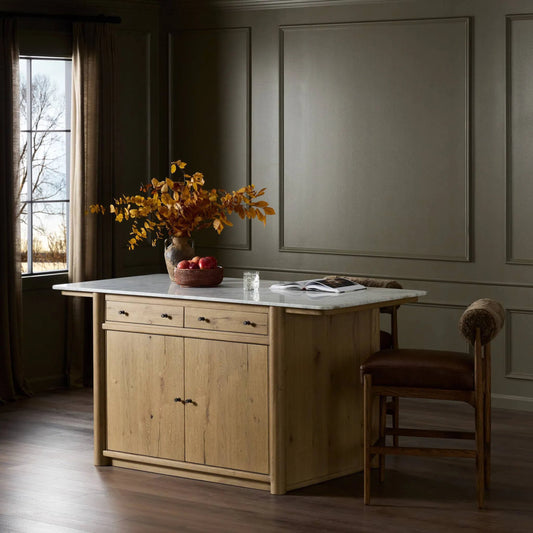 Fatima Kitchen Island by Four Hands in white carrara marble, aged natural oak veneer. Made from solid marble, thick oak veneer, solid oak in a transitional style.