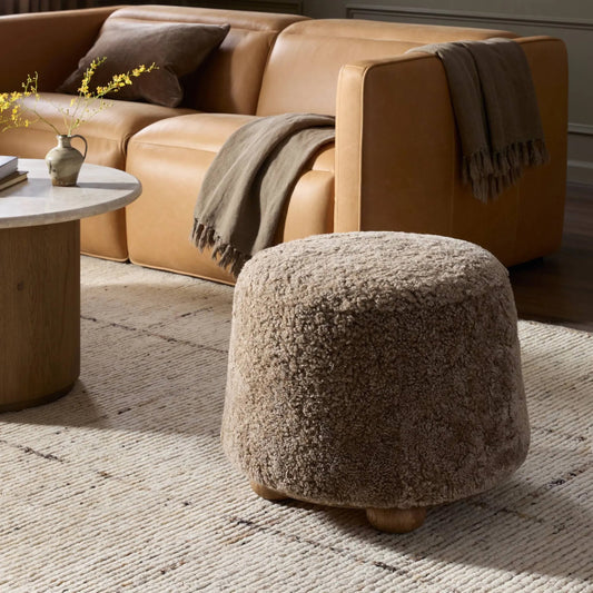 Bilbury Ottoman by Four Hands in taupe shearling, worn oak. Made from shearling, solid oak in a eclectic & global style.