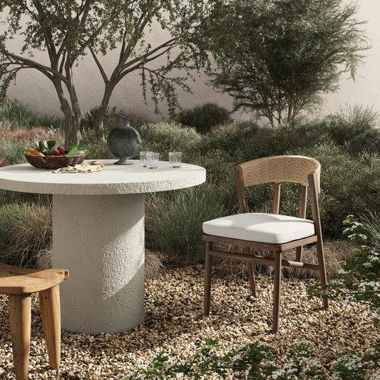 Buxton Outdoor Dining Chair by Four Hands in arashi salt, stained toasted brown-fsc, faux hyacinth. Made from 100% acrylic, solid fsc®-certified teak, 100% polyethylene in a rustic style.