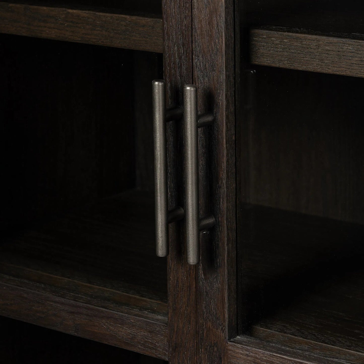011 SI-2327560 | Closeup | Hepburn Cabinet by Four Hands in dark anthracite oak veneer, waxed black. Made from oak veneer, solid oak, iron in a unique style.