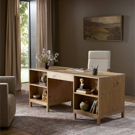 Tula Executive Desk by Four Hands in worn oak veneer, palermo drift. Made from thick oak veneer, top grain leather in a transitional style.