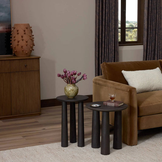 Cooper Nesting End Tables by Four Hands in smoked black. Made from solid oak in a unique style.