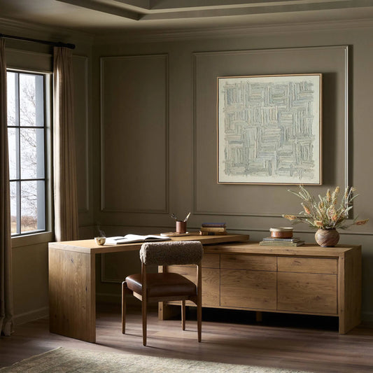 Noah Rotating Desk by Four Hands in aged smoked oak resawn. Made from resawn oak veneer, solid oak in a transitional style.