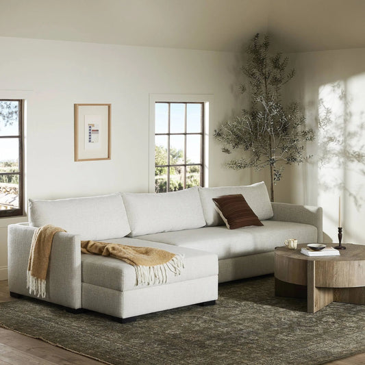 Wickham 2-Piece Sleeper Sectional by Four Hands in alameda snow, ebony, ronan linen. Made from 88% olefin, 11% polyester (uv), 1% polyester, solid maple, faux leather in a unique style.