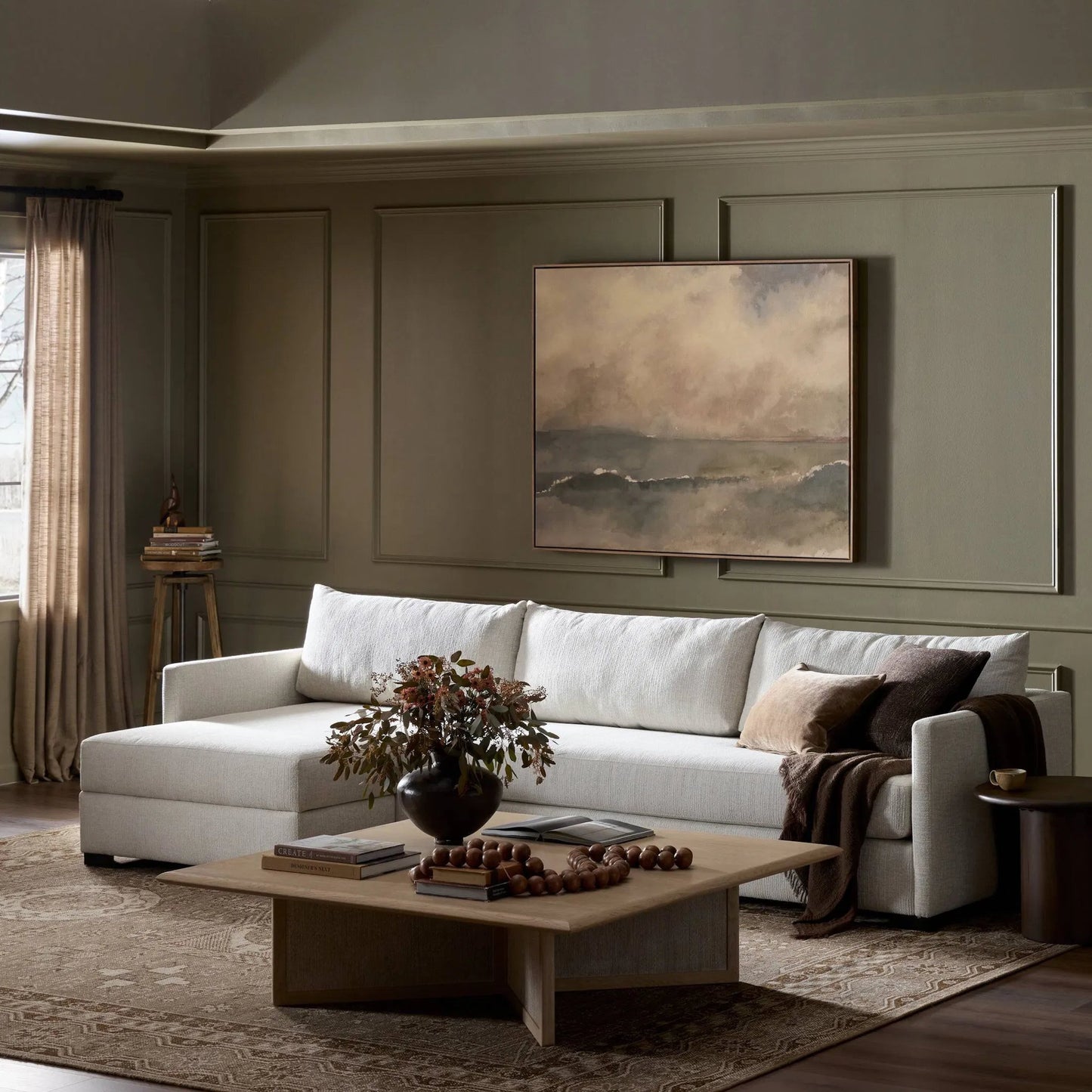 010 SI-2635369 | Lifestyle | Wickham 2-Piece Sectional by Four Hands in alameda snow, ebony. Made from 88% olefin, 11% polyester (uv), 1% polyester, solid maple in a unique style.