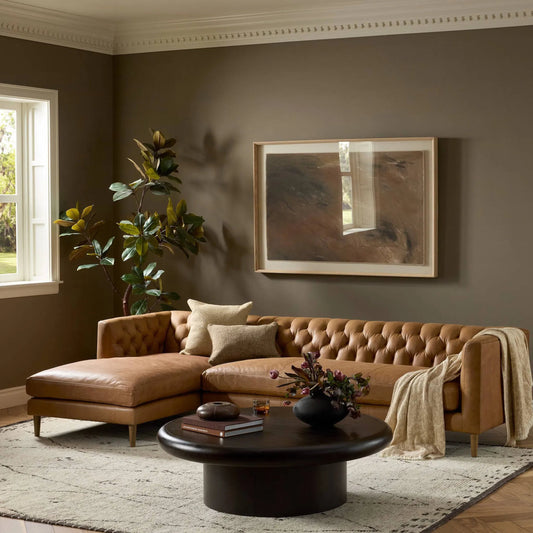 Thurston 2-Piece Sectional by Four Hands in cascara cognac, distressed parawood. Made from top grain leather, solid parawood in a unique style.